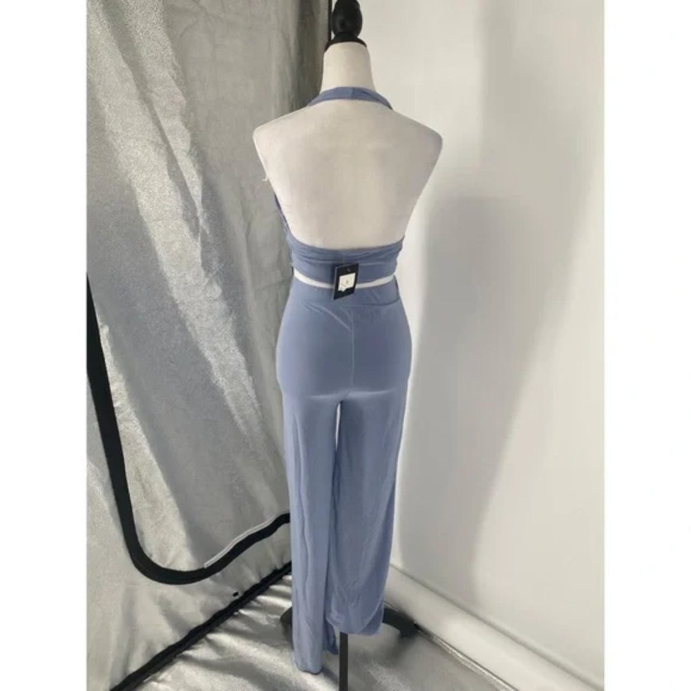 Blue Sleeveless Halter Neck Crop Top and High Waist Wide Leg Pants Two Piece Set - Picture 12 of 16